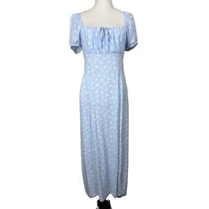 H&M Divided  M Light Blue Floral Maxi Dress Puff Sleeve Smocked Back Square Neck